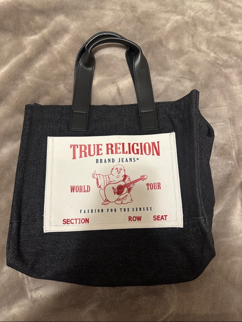 True Religion Black Denim Messenger Tote with White Patch and Red Print